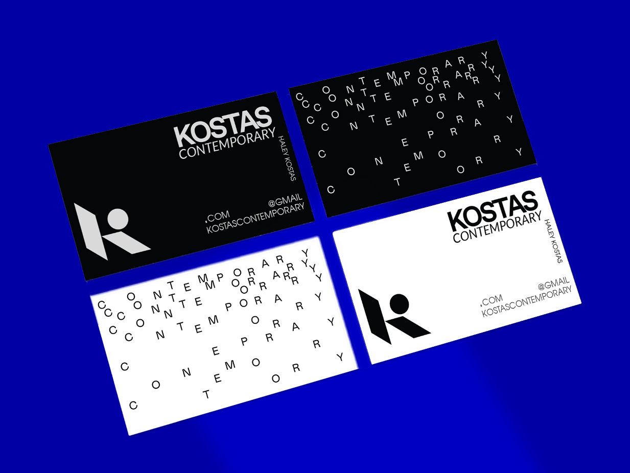 Four business cards on a blue background, designed by Doss Designs. Showcasing brand identity and strategic marketing solutions.